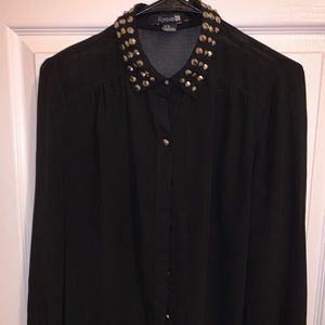 Forever21 Black Studded Chiffon Button-Up Blouse